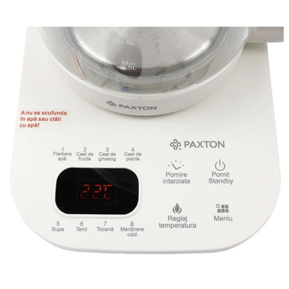 Fierbator apa electric, Paxton, pentru o bautura calda sau o gustare sanatoasa, 800 W, 1.8 l, alb, 8 programe presetate, pornire intarziata, reglaj temperatura, pastreaza setarile anterioare, 1.3kg