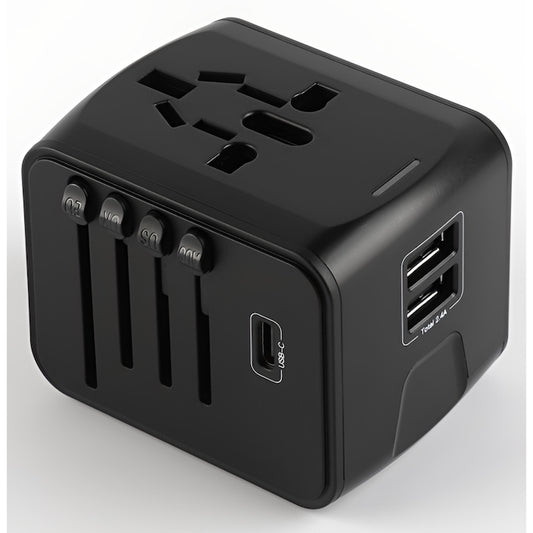 Incarcator de calatorie, universal, adaptor multifunctional cu 4 porturi, 1 priza, 2 USB, 1 USBC, international, SUA, UK, Europa, Australia, 150 tari, 100-250V, 2000W, negru