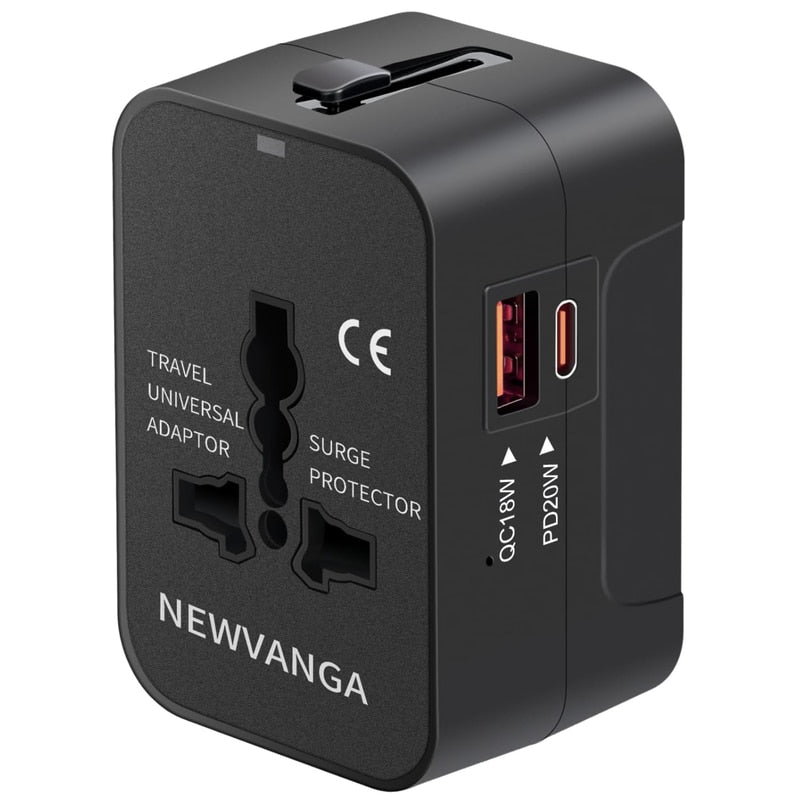 Incarcator de calatorie, universal, adaptor multifunctional cu 2 porturi, 1 priza, 1 USB, 1 USBC, international, SUA, UK, Europa, Australia, 150 tari, 100-250V, 2000W, negru