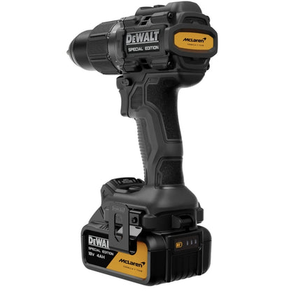 Masina de gaurit si insurubat, cu percutie, cu 2 acumulatori, 18 V, 4 Ah, DeWalt McLaren, profesionala, 2000 rpm, mandrina rapida, motor fara perii, mandrina 13 mm, 55 mm lemn si 13 mm in metal