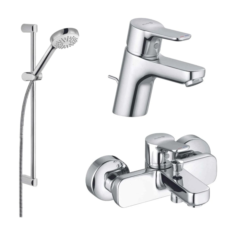 Pachet baterii baie + para dus + bara + furtun Kludi Pure & Easy 3 in1, furtun dus 1.6m, pentru baie, Finisaj cromat, comutator, Limitator de apa fierbinte, Protectie impotriva fluctuatiilor presiune