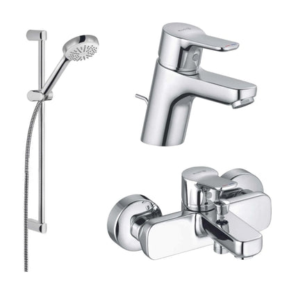 Pachet baterii baie + para dus + bara + furtun Kludi Pure & Easy 3 in1, furtun dus 1.6m, pentru baie, Finisaj cromat, comutator, Limitator de apa fierbinte, Protectie impotriva fluctuatiilor presiune