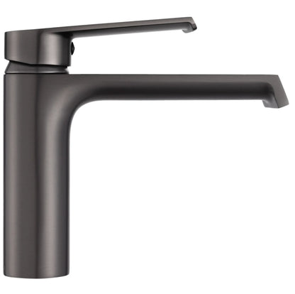 Baterie baie pentru lavoar, Kadda Girard, montaj stativ, monocomanda, finisaj gri periat, ventil inclus, 10 l/min, pipa medie 16 cm inaltime, actionare manuala, include furtun flexibil, racorduri