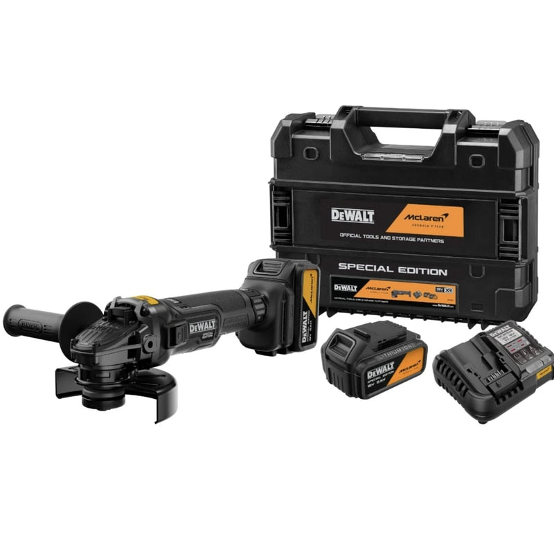 Polizor unghiular, cu 2 acumulatori, 18 V, 5 Ah, DeWalt McLaren, profesional, 9000 rpm, motor fara perii, Diametru maxim al discului 125 mm, 2.6 kg, autonomie extinsa, maner lateral cu 2 pozitii