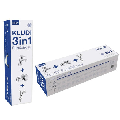 Pachet baterii baie + para dus + bara + furtun Kludi Pure & Easy 3 in1, furtun dus 1.6m, pentru baie, Finisaj cromat, comutator, Limitator de apa fierbinte, Protectie impotriva fluctuatiilor presiune