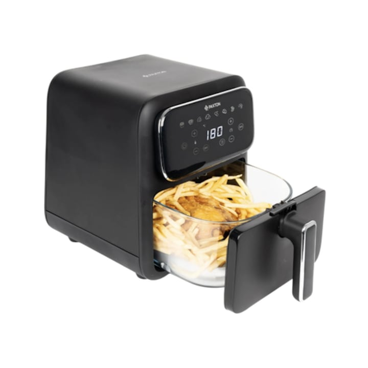 Friteuza cu aer cald, airfryer, Paxton, 1400 W, 4 litri, 8 programe, timer, afisaj digital tactil, termostat reglabil, interval temperatura de la 80 la 200 grade, negru, 5 kg, 1m