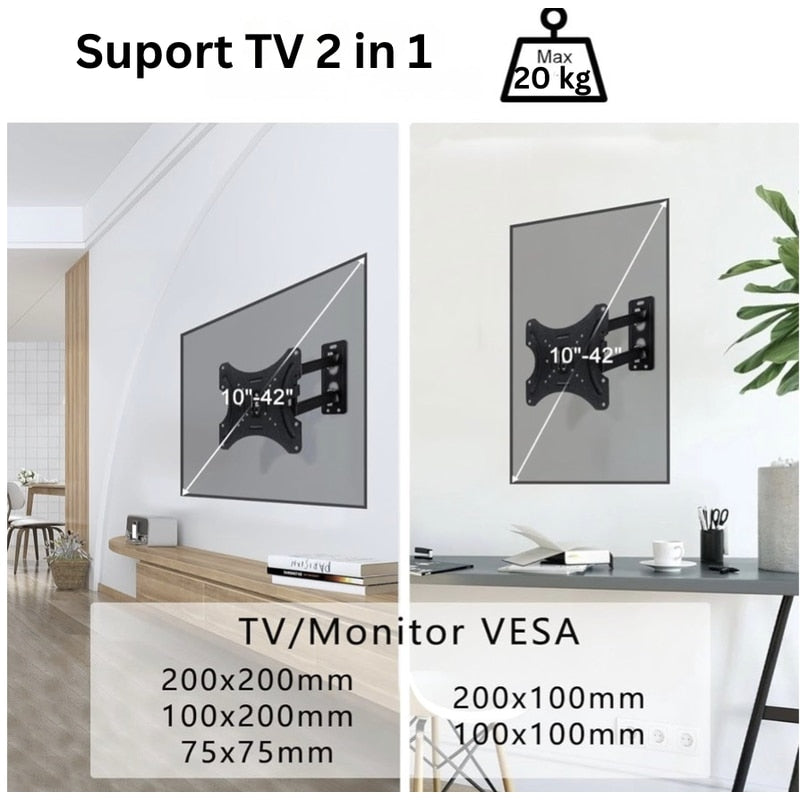 Suport de perete cu brat mobil televizor 14 – 55 inch, maxim VESA 400 x 400, unghi rotitre lateral +-90, TV sau monitor in living, dormitor, birou sau bucatarie, pentru majoritatea modelelor, NETERRA