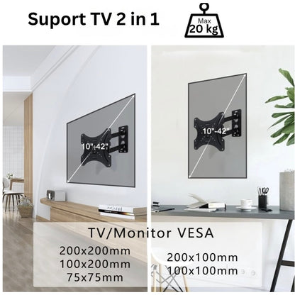 Suport de perete cu brat mobil televizor 14 – 55 inch, maxim VESA 400 x 400, unghi rotitre lateral +-90, TV sau monitor in living, dormitor, birou sau bucatarie, pentru majoritatea modelelor, NETERRA