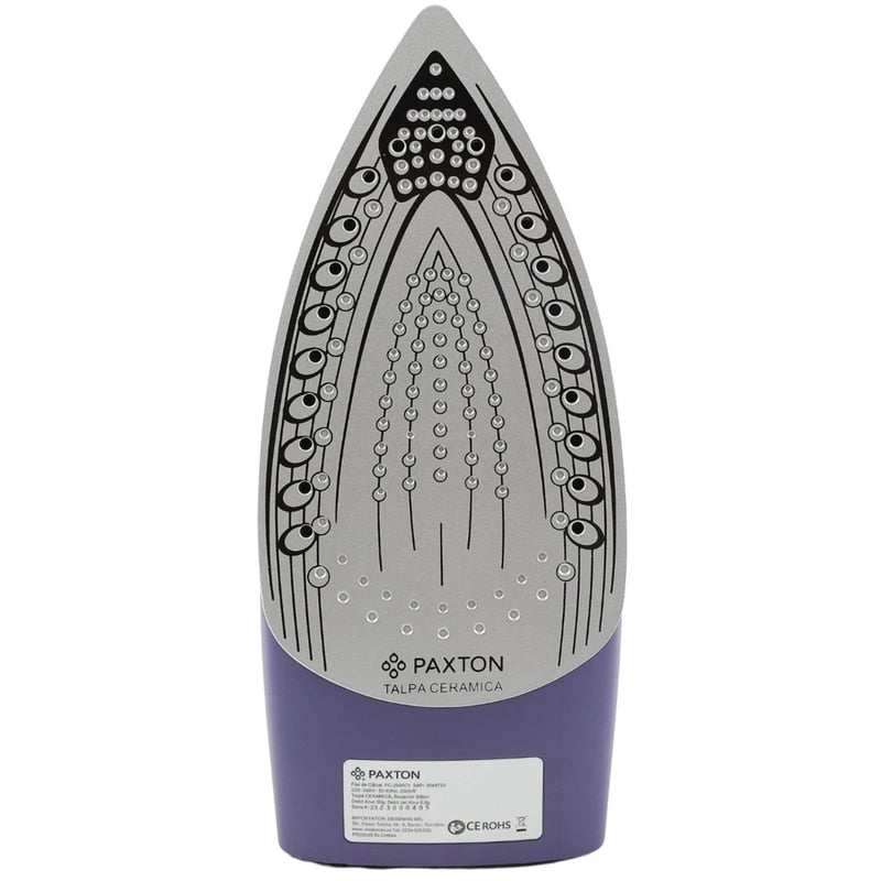 Fier de calcat Paxton, 2500 W, talpa ceramica, 0.3 l, 0.8 g/min, sistem auto-curatare, termostat reglabil, abur vertical, sistem anti-calcar, sistem anti-picurare, alb cu mov, cablu 1.9 m, 1.3 kg