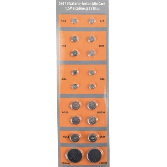Set 18 baterii tip pastila, Hepol, AG1, AG3, AG4, AG10, AG13, LR41, LR44, LR1130, CR2032, universal, alcalin