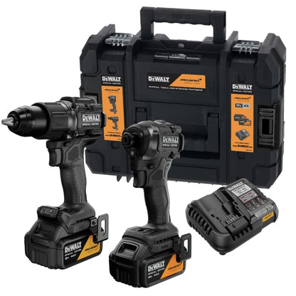 Set scule cu acumulator, DeWalt McLaren, masina de gaurit si insurubat cu percutie + masina de insurubat cu impact, include 2 acumulatori 18 V, 4 Ah, cu valiza, agatatoare curea, incarcator, suport