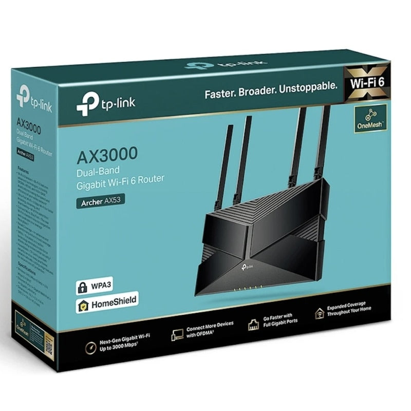 Router wireless TP-Link Archer, Wi-Fi 6, Dual-Band, WPA 3 pentru siguranta cibernetica, viteze de 3GB/ secunda, 2.4/5 GHz, 2402 + 574 Mbps, 4 antene, comutator ON OFF, optiune control parental