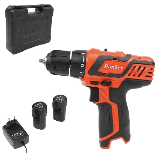 Masina de gaurit si insurubat, cu 2 acumulatori inclusi, 12 V, 2 Ah, Panzer, 1400 rpm, mandrina rapida, cu valiza, 2 trepte viteza, deschiderea mandarinei 10 mm, stanga sau dreapta