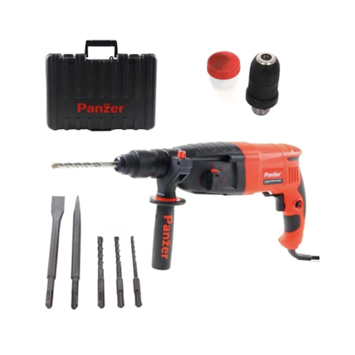 Ciocan rotopercutor Panzer, 800 W, cu cablu, 1300 rpm, SDS plus, cu valiza, mandrina rapida, 3 burghie, 1 dalta si 1 spit