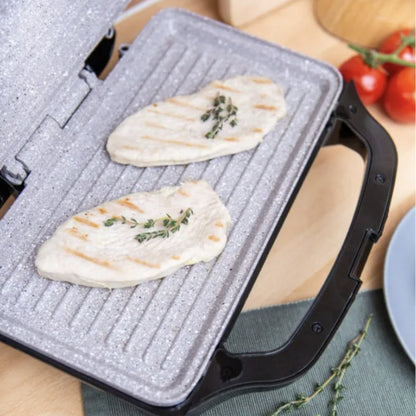 Sandwich maker, Rohnson, 900 W, 2 sandwich-uri, functie blocare, picioare antiderapante, maner izolat termic, carcasa din otel inoxidabil, protectie supraincalzire, argintiu, 1.73 kg, negru, cablu 1m