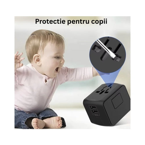 Incarcator de calatorie, universal, adaptor multifunctional cu 2 porturi, 1 priza, 1 USB, 1 USBC, international, SUA, UK, Europa, Australia, 150 tari, 100-250V, 2000W, negru