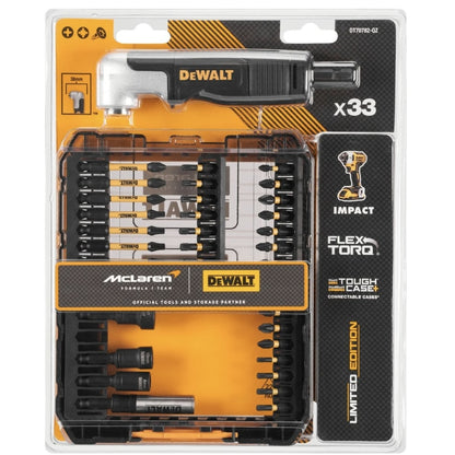 Set 33 accesorii pentru insurubare de impact, DeWalt McLaren, 7 biti 57mm, 21 biti 25mm, 1 atasament unghiular, 1 portburghiu magnetic, 3 surubelnite piulite de 8 mm, 10 mm si 13 mm, Phillips, Torx
