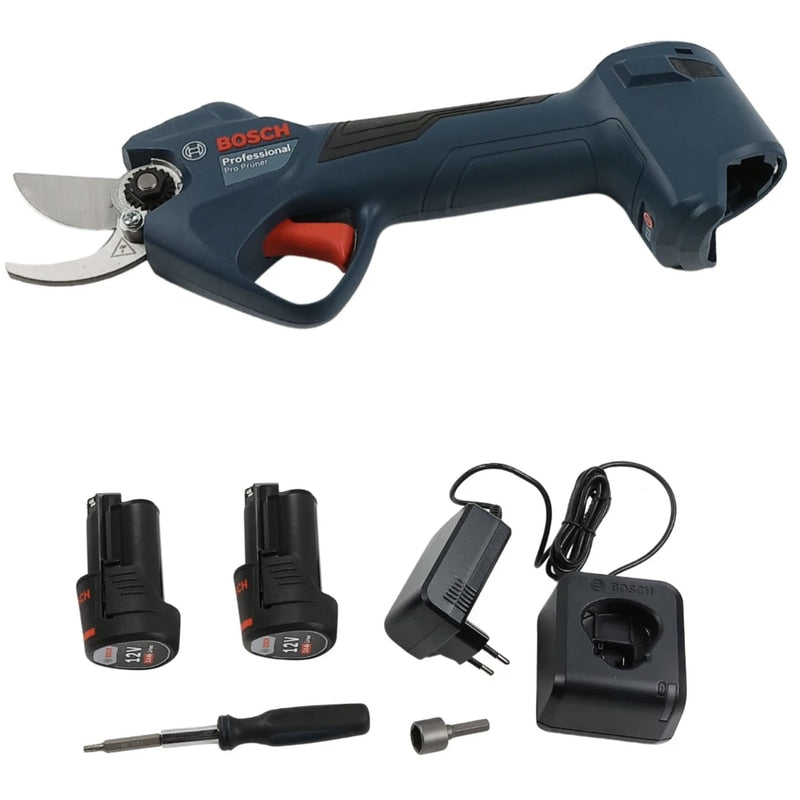 Foarfeca de gradina, pentru taiat crengi pomi fructiferi, vie, Bosch Professional, lama otel, motor fara perii, cu 2 acumulatori 3 Ah, incarcator, 25 mm grosime crengi maxima, 30.2 x 5.5 x 9.9 cm