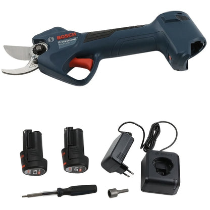 Foarfeca de gradina, pentru taiat crengi pomi fructiferi, vie, Bosch Professional, lama otel, motor fara perii, cu 2 acumulatori 3 Ah, incarcator, 25 mm grosime crengi maxima, 30.2 x 5.5 x 9.9 cm