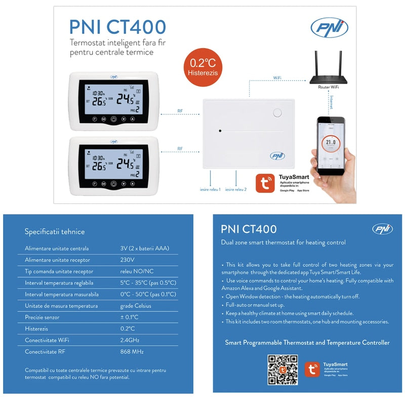 Termostat de ambient pentru centrala, wireless, PNI, inteligent, Wi-Fi, 100 m, programabil, afisaj digital, protectie inghet, IP30, alb, control 5 - 35 grade, acuratete 0.1 grade, 230V, 4 programe