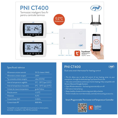 Termostat de ambient pentru centrala, wireless, PNI, inteligent, Wi-Fi, 100 m, programabil, afisaj digital, protectie inghet, IP30, alb, control 5 - 35 grade, acuratete 0.1 grade, 230V, 4 programe
