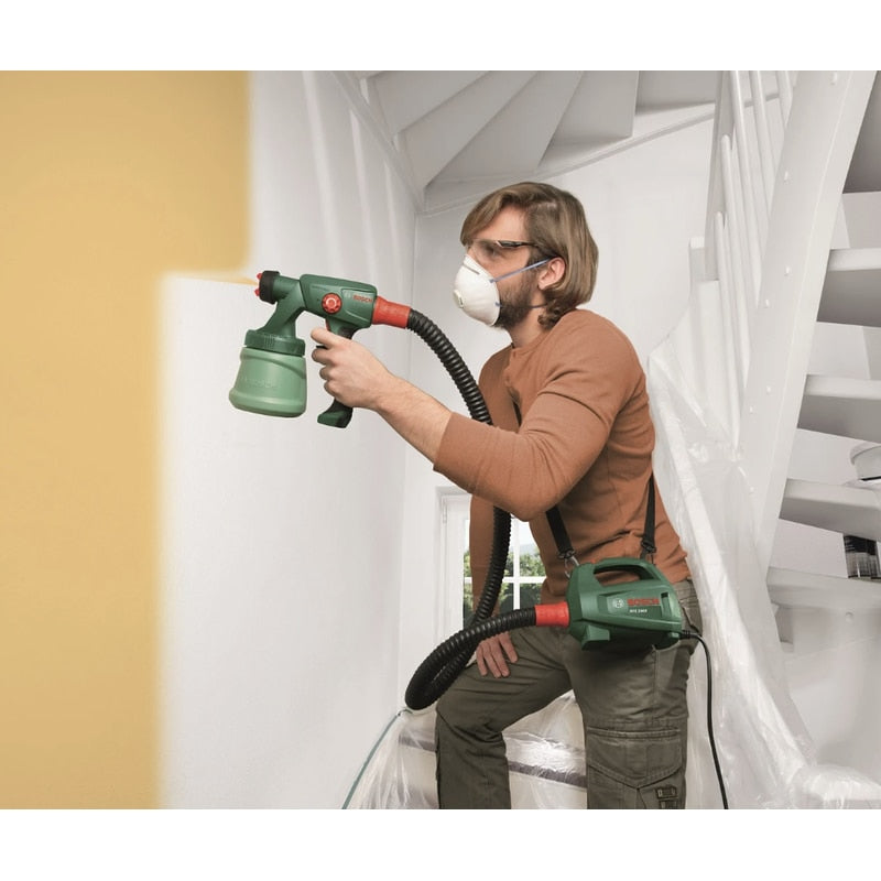 Pistol de vopsit electric, Bosch, 440 W, furtun 1.3 m, 230 V, rezervor 0.8 l, din plastic rezistent, portabil si usor de manevrat, 2 kg, 200 ml / min, curea, palnie, duza pentru vopsele de perete