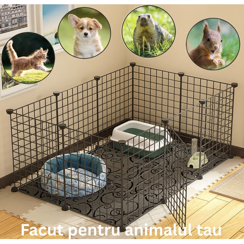 Tarc modular pentru animale mici si medii: iepuri, hamsteri, porcusori, pui, pisici, caini, 12 panouri 35 x 35 cm, constructie personalizata, interior, exterior, montaj rapid, metal, negru, NETERRA