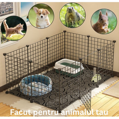 Tarc modular pentru animale mici si medii: iepuri, hamsteri, porcusori, pui, pisici, caini, 12 panouri 35 x 35 cm, constructie personalizata, interior, exterior, montaj rapid, metal, negru, NETERRA