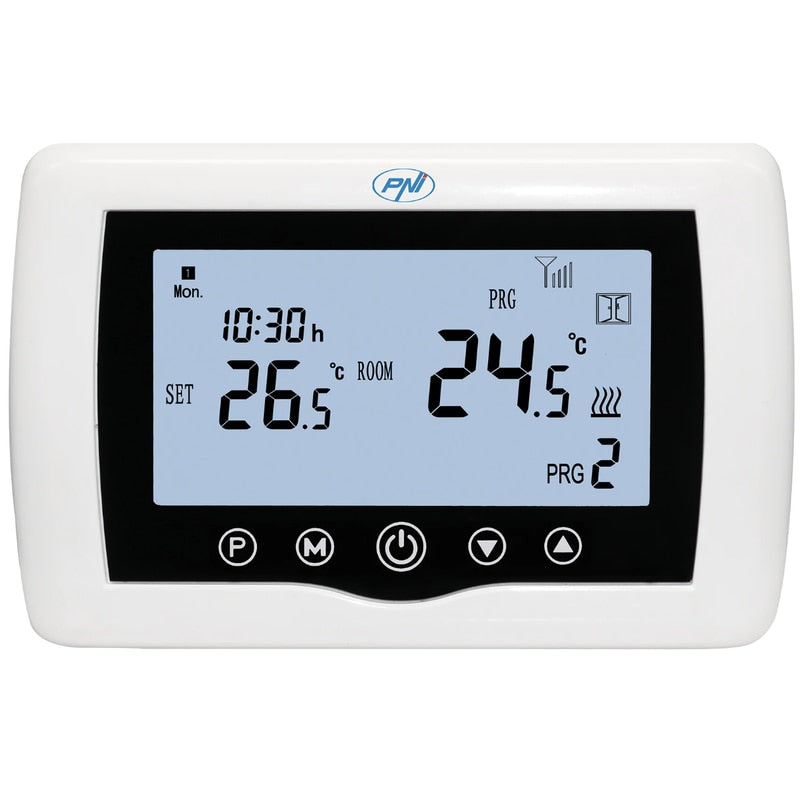 Termostat de ambient pentru centrala, wireless, PNI, inteligent, Wi-Fi, 100 m, programabil, afisaj digital, protectie inghet, IP30, alb, control 5 - 35 grade, acuratete 0.1 grade, 230V, 4 programe