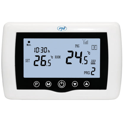 Termostat de ambient pentru centrala, wireless, PNI, inteligent, Wi-Fi, 100 m, programabil, afisaj digital, protectie inghet, IP30, alb, control 5 - 35 grade, acuratete 0.1 grade, 230V, 4 programe