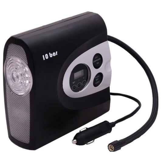 Compresor aer, auto, presiune maxima 10 bar, 12 V, afisaj digital, decuplare automata, lanterna, adaptoare incluse, furtun 0.7 m, cablu 2.8 m, 2.3 bari roata in 3 minute, 150 psi presiune maxima