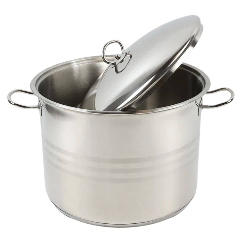 Oala inox, cu capac, baza 5 straturi, 17.5 L, D 32 cm, in interior finisaj satinat, in exterior finisaj lucios cu 3 linii satinate, maner inox, plita electrica, gaz, halogen, inductie, vitroceramica