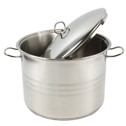 Oala inox, cu capac, baza 5 straturi, 17.5 L, D 32 cm, in interior finisaj satinat, in exterior finisaj lucios cu 3 linii satinate, maner inox, plita electrica, gaz, halogen, inductie, vitroceramica