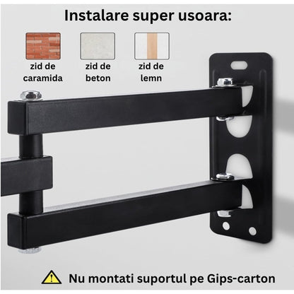 Suport de perete cu brat mobil televizor 14 – 55 inch, maxim VESA 400 x 400, unghi rotitre lateral +-90, TV sau monitor in living, dormitor, birou sau bucatarie, pentru majoritatea modelelor, NETERRA