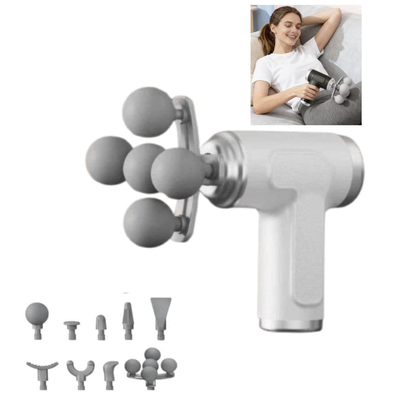 Aparat pentru Masaj Profesional Tip Pistol NETERRA, 9 in 1 Capete, gat, spate, umeri, brate, picioare, solduri, Motor Silentios si Puternic, Masaj Muscular, Relaxare, USB reincarcabil, portabil, Gri
