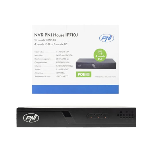 NVR PNI House pentru camere de supraveghere, 10 canale 4K 8MP, 4 canale POE si 6 canale IP, negru