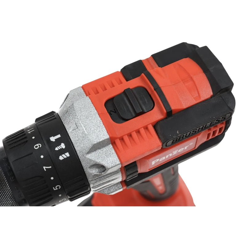 Masina de gaurit cu percutie, cu 1 acumulator 18 V, 2 Ah, Panzer, 1600 rpm, mandrina rapida, motor fara perii, cu valiza, 2 trepte de viteza, include 1 incarcator, 23 + 3 trepte ambreiaj