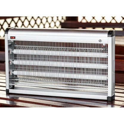 Aparat antiinsecte cu UV / insectocutor Pest Stop, 3 surse x 20W, incaperi de 250 mp, 3 ani durata de viata medie, 4.5 kg, 230 V, silentios, design estetic si simplu, gri, eficient, fiabil