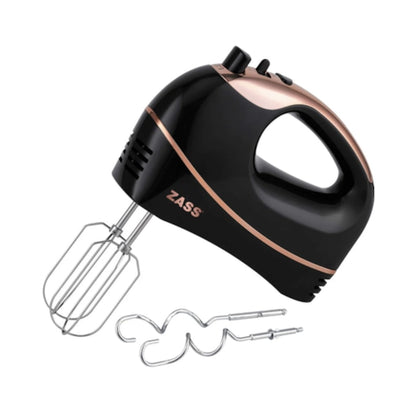 Mixer de mana Zass ZHM 20, 300 W, 5 trepte de viteza, functie turbo, negru cu auriu, carlige framantare si palete amestecare