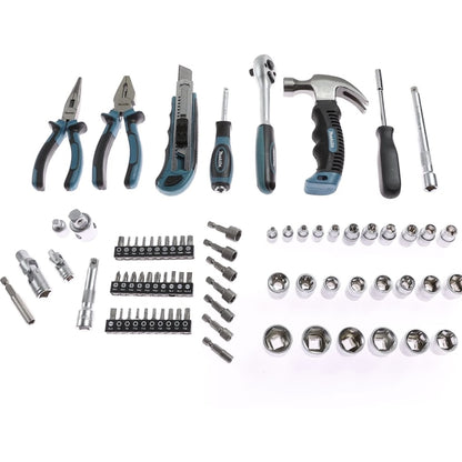 Trusa scule de mana, Makita, 76 piese, material crom vanadiu, cleste combinat, cu varf ascutit, pentru dulgherie, cutter, maner de surubelnita, cheie tubulara, adaptor patrat, articulatie universala