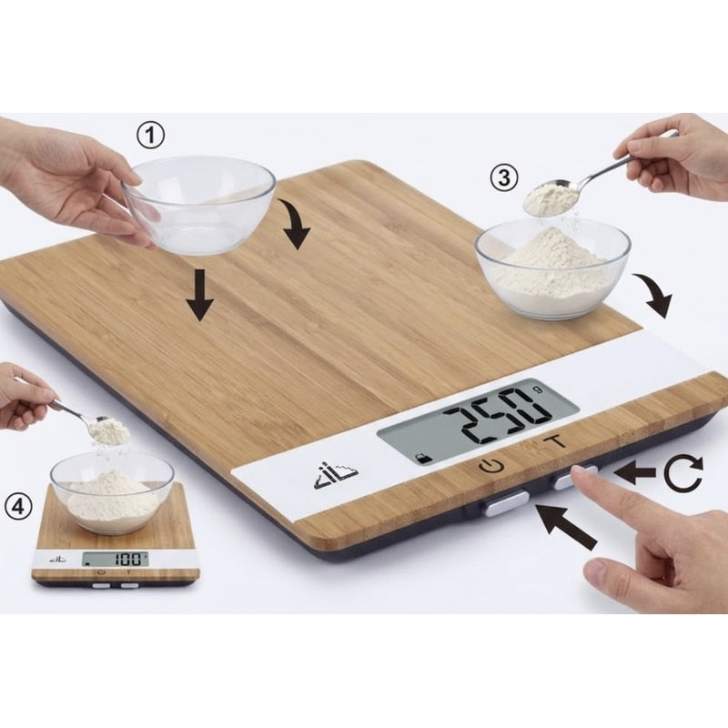 Cantar de bucatarie Kadda, capacitate 5 kg, digital, ecran LCD, baterii 2 x AAA, suprafata lemn bambus, semnalizare supraincarcare, maro, 427 g, capacitate 5 kg, eroare de 1 g