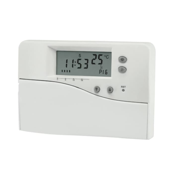 Termostat de ambient Paxton, programabil, cu fir, alb, afisaj digital, 16 programe (8 presetate si 8 configurabile), domeniu temperatura control: 5 – 35 °C, montaj pe perete, 90x133x40mm