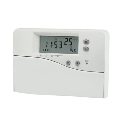 Termostat de ambient Paxton, programabil, cu fir, alb, afisaj digital, 16 programe (8 presetate si 8 configurabile), domeniu temperatura control: 5 – 35 °C, montaj pe perete, 90x133x40mm