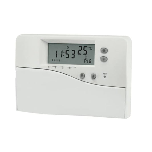 Termostat de ambient Paxton, programabil, cu fir, alb, afisaj digital, 16 programe (8 presetate si 8 configurabile), domeniu temperatura control: 5 – 35 °C, montaj pe perete, 90x133x40mm
