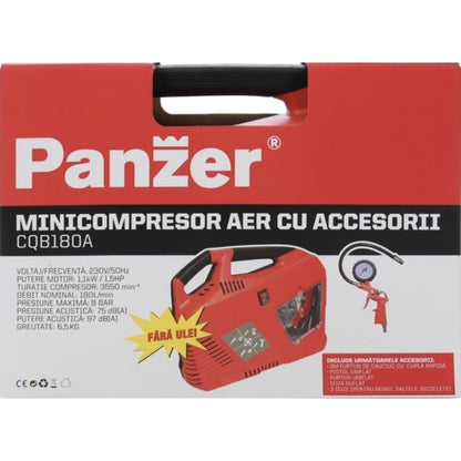 Compresor aer cu piston, fara ulei, portabil, 1.1 kW, 1.5 CP, 3550rpm, temperatura de la 0 la 40 grade, 8 bar, Panzer