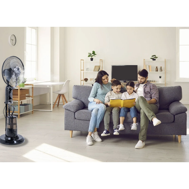 Ventilator cu umidificator Paxton, 75 W, 3 viteze, diametru 43 cm, rezervor apa 3.2 litri, oscilatie, timer, ultrasunete, negru, telecomanda, cu pulverizare apa, 125 cm inaltime, 1.65 m cablu, 7 kg