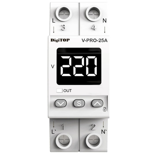 Releu protectie tensiune, DigiTop, monofazat, 25A, temperatura -25 +50 celsius, Umiditate de operare 30% - 80%, 180 g, 90 x 35 x 67 mm, 1 secventa, 2 contacte NC, IP 20, 4 poli, 2 module, 5500 W max