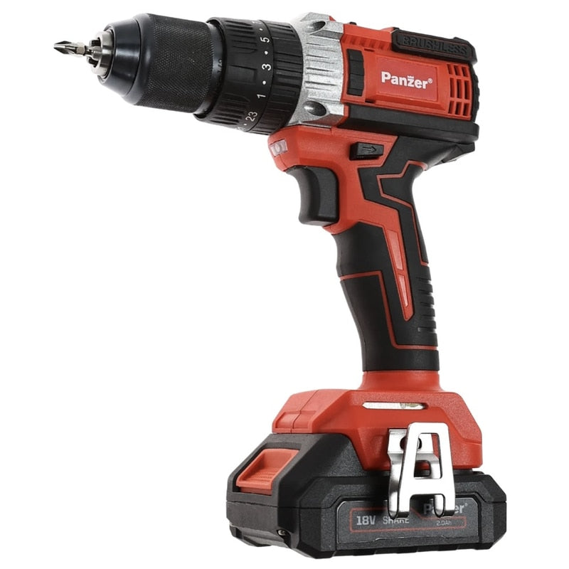 Masina de gaurit cu percutie, cu 1 acumulator 18 V, 2 Ah, Panzer, 1600 rpm, mandrina rapida, motor fara perii, cu valiza, 2 trepte de viteza, include 1 incarcator, 23 + 3 trepte ambreiaj