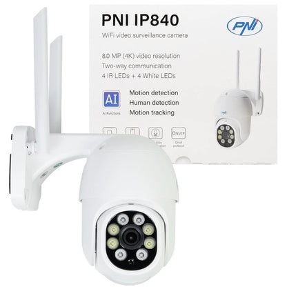 Camera de supraveghere smart, inteligenta PNI, Wi-Fi, 8MP, 4K, microfon, difuzor, functii AI, interior, exterior, IP 65, difuzor, detectare miscare, detectare forma umana, aplicatie, sirena, 256 GB