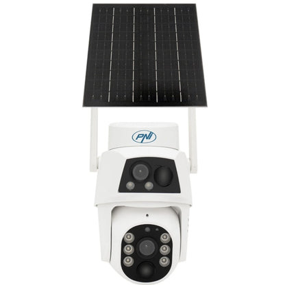 Camera de supraveghere smart, inteligenta PNI, 2MP si 2MP, Full HD, SIM 4G, IP66, panou solar 5.5 W, acumulator 8000 mAh, microfon, difuzor, Pan Tilt, alb, exterior